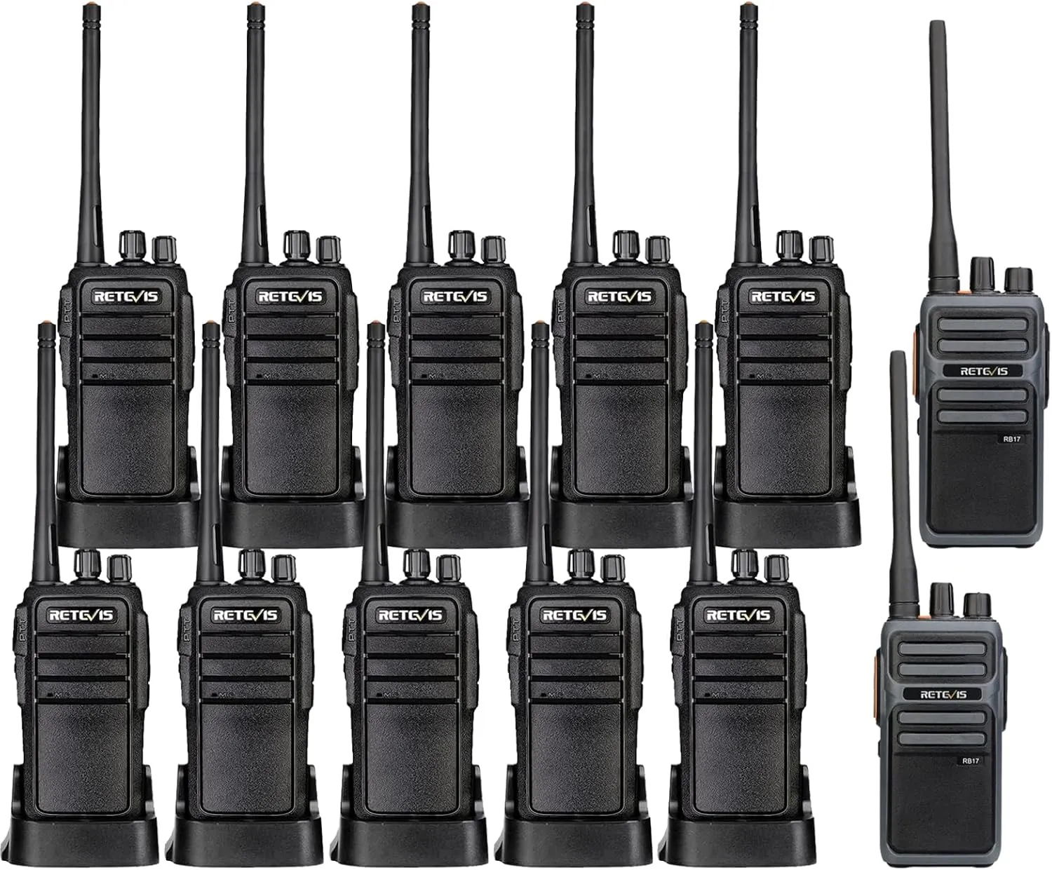 Retevis RT21 Two-Way Radios(10 Pack) Bundle with RB17 4400mAh Heavy Duty Walkie Talkies Long Range(2 Pack),Rugged Two Way Radio for Business Retail Contractor Agriculture Black