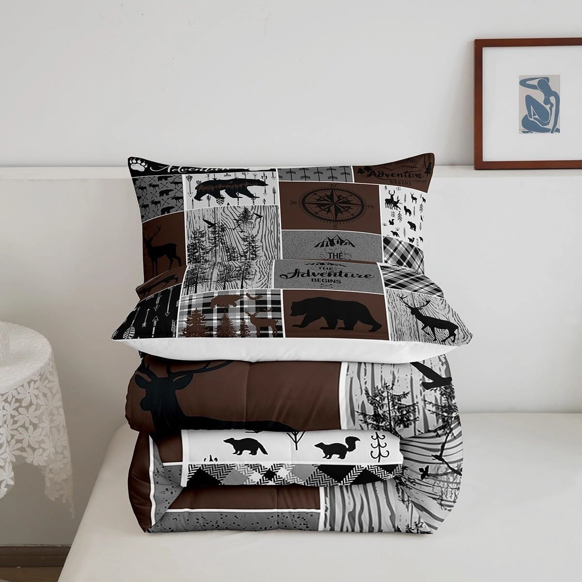 Retro Farmhouse Cabin Quilt 3Pcs, Rustic Bear Deer Comforter Set Queen Size For Kids Boys Teens Adult Men, Camping Lodge Decor Bedding Buffalo Check Plaid Hunting Animal Duvet Insert, Brown Gray
