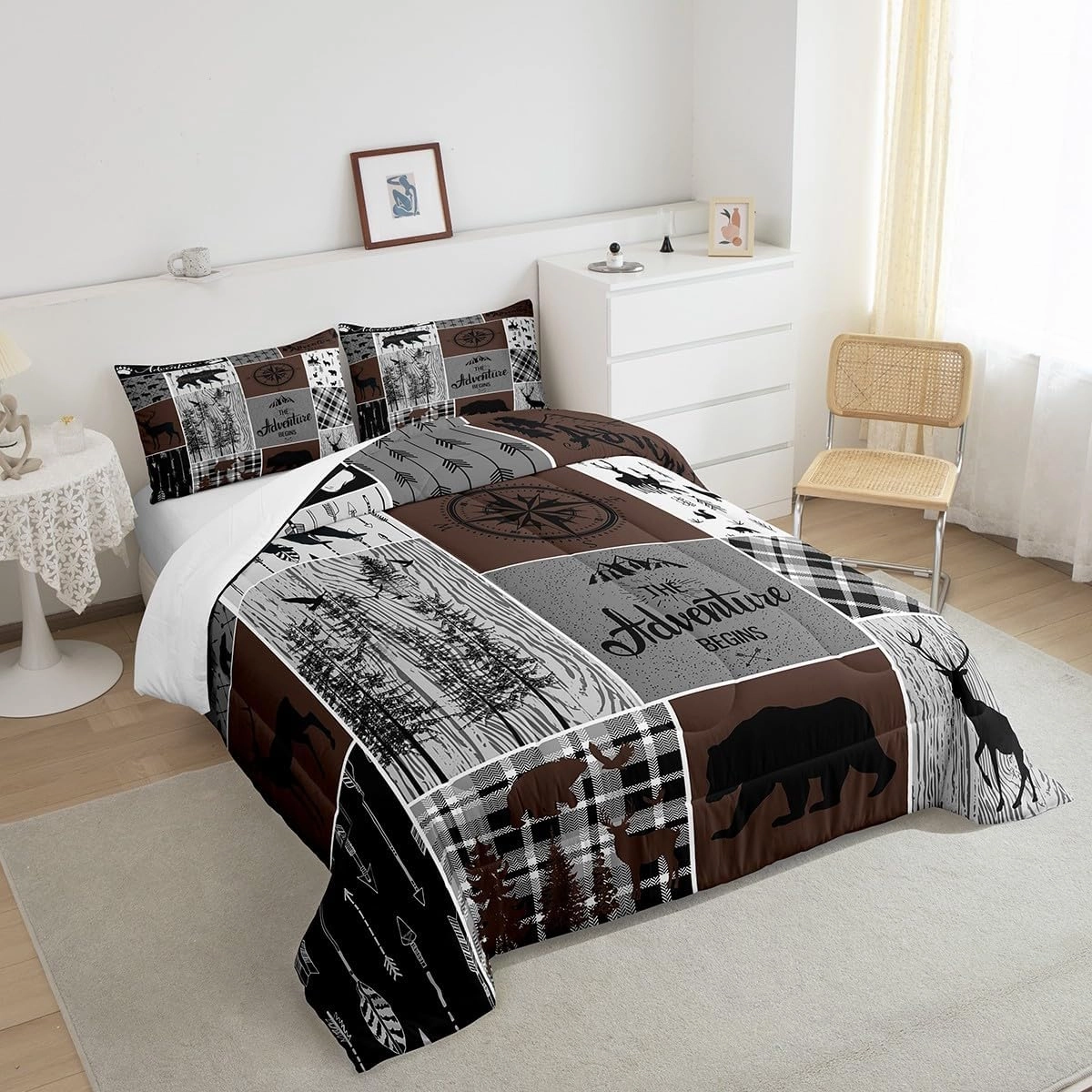 Retro Farmhouse Cabin Quilt 3Pcs, Rustic Bear Deer Comforter Set Queen Size For Kids Boys Teens Adult Men, Camping Lodge Decor Bedding Buffalo Check Plaid Hunting Animal Duvet Insert, Brown Gray