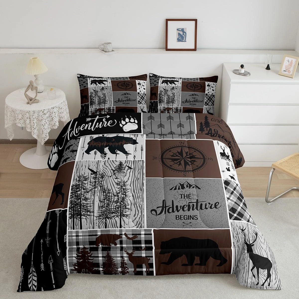 Retro Farmhouse Cabin Quilt 3Pcs, Rustic Bear Deer Comforter Set Queen Size For Kids Boys Teens Adult Men, Camping Lodge Decor Bedding Buffalo Check Plaid Hunting Animal Duvet Insert, Brown Gray