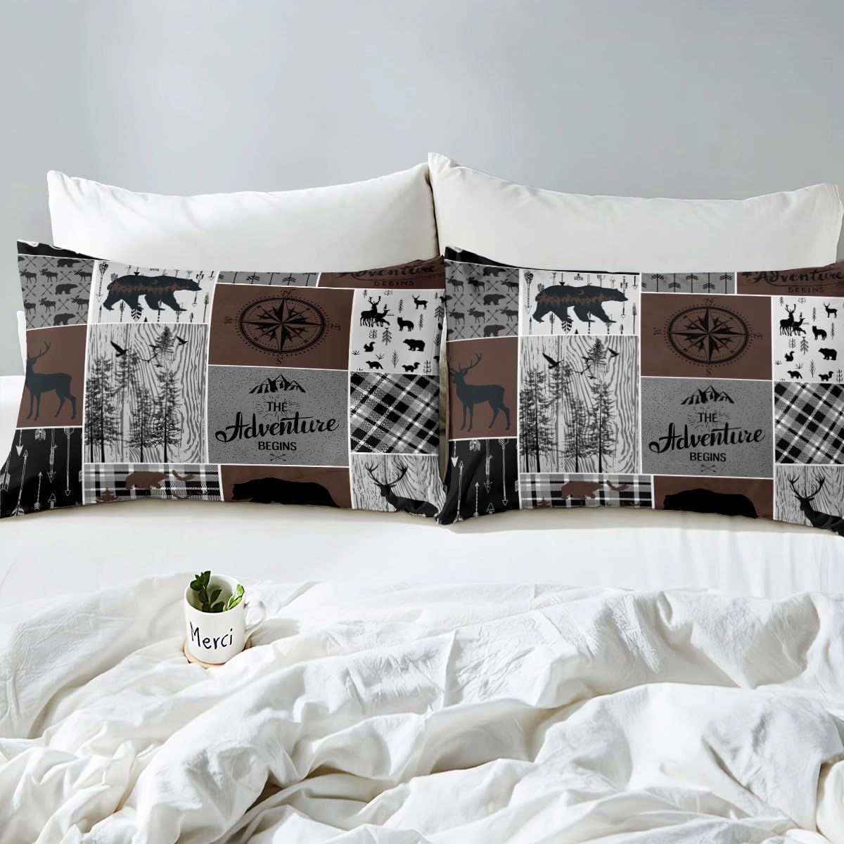 Retro Farmhouse Cabin Quilt 3Pcs, Rustic Bear Deer Comforter Set Queen Size For Kids Boys Teens Adult Men, Camping Lodge Decor Bedding Buffalo Check Plaid Hunting Animal Duvet Insert, Brown Gray
