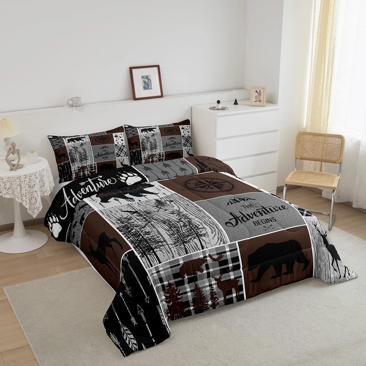 Retro Farmhouse Cabin Quilt 3Pcs, Rustic Bear Deer Comforter Set Queen Size For Kids Boys Teens Adult Men, Camping Lodge Decor Bedding Buffalo Check Plaid Hunting Animal Duvet Insert, Brown Gray