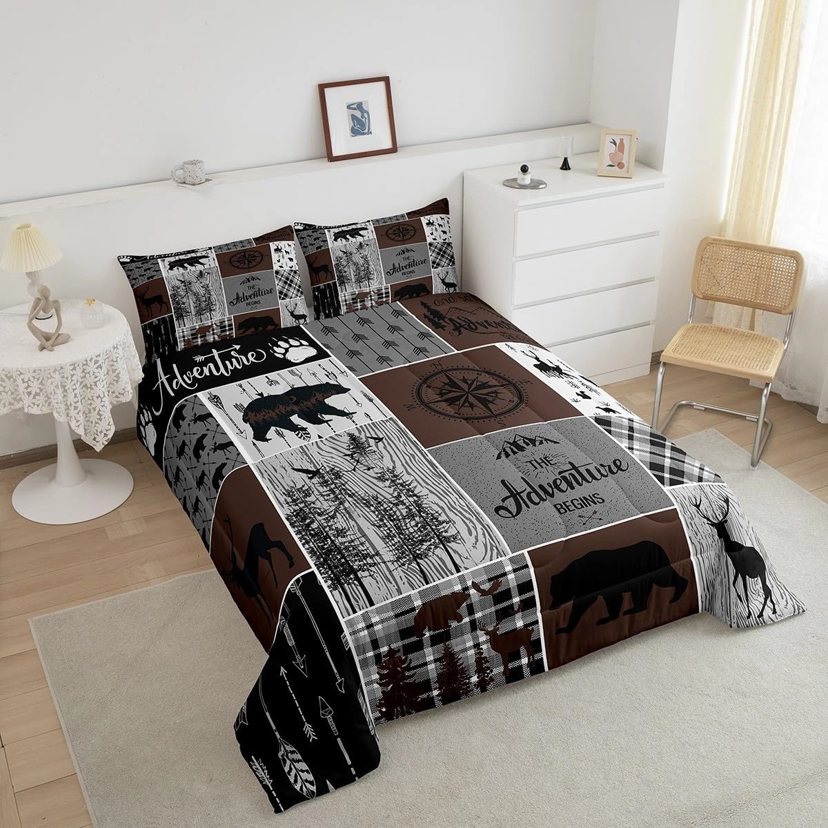 Retro Farmhouse Cabin Quilt 3Pcs, Rustic Bear Deer Comforter Set Queen Size For Kids Boys Teens Adult Men, Camping Lodge Decor Bedding Buffalo Check Plaid Hunting Animal Duvet Insert, Brown Gray