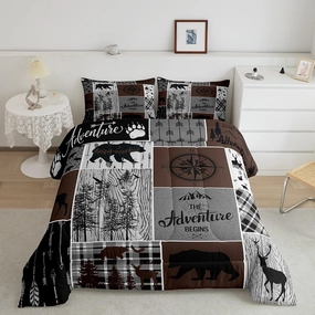Retro Farmhouse Cabin Quilt 3Pcs, Rustic Bear Deer Comforter Set Queen Size For Kids Boys Teens Adult Men, Camping Lodge Decor Bedding Buffalo Check Plaid Hunting Animal Duvet Insert, Brown Gray