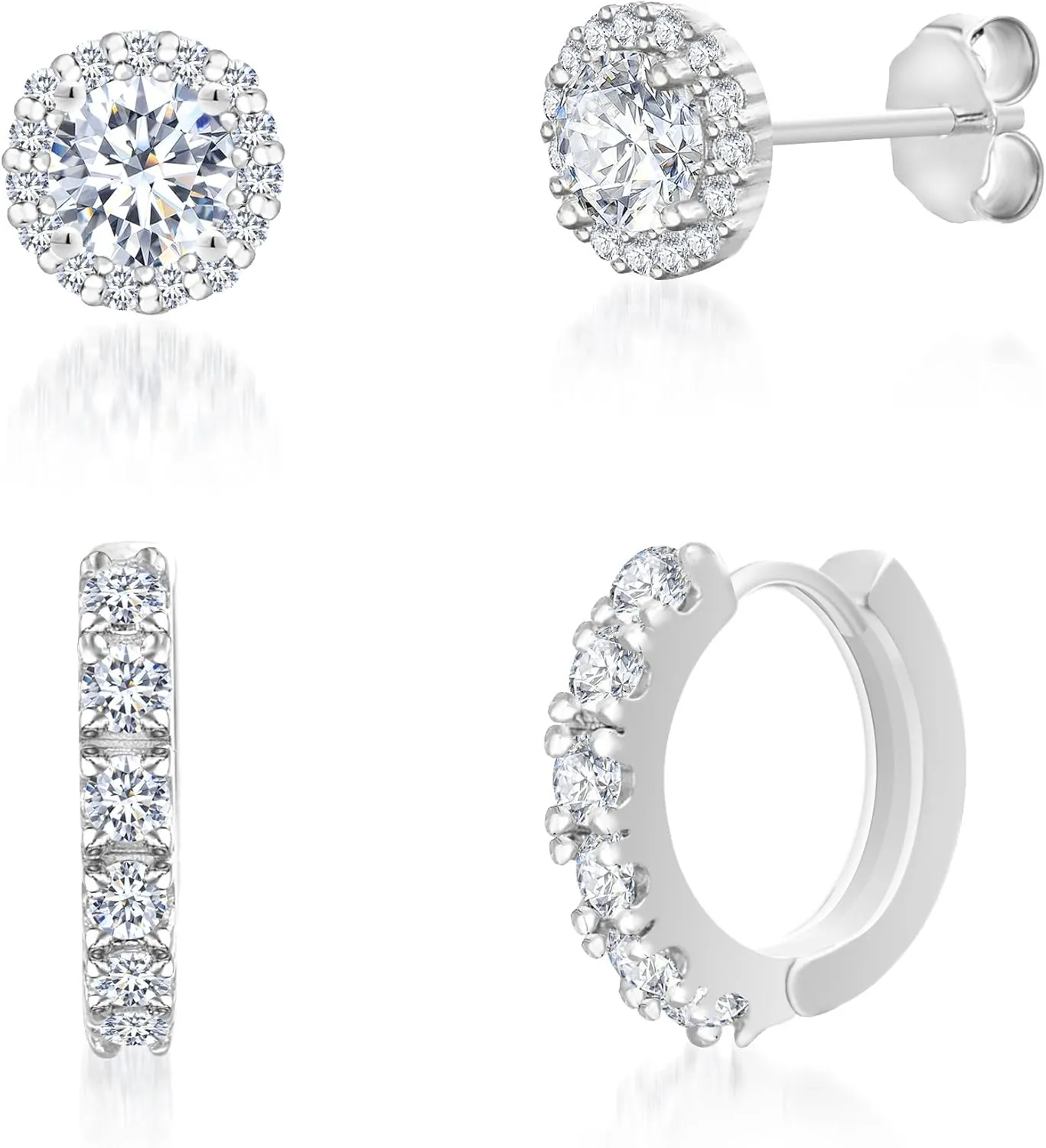 Rhodium Plated 925 Sterling Silver 2 Cttw Round Cubic Zirconia Stud & Hoop Earrings for Double Pierced Ears 2pc Set