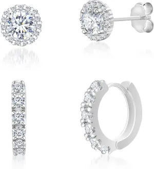 Rhodium Plated 925 Sterling Silver 2 Cttw Round Cubic Zirconia Stud & Hoop Earrings for Double Pierced Ears 2pc Set