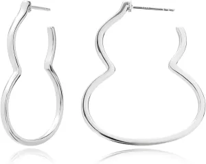 Rhodium Plated 925 Sterling Silver Wulu/Gourd/Calabash/Cucurbit Statement Hoop Earrings | Lightweight Unique Shaped Big Open Hoops for Women