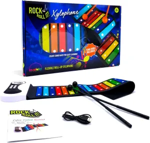 Rock and Roll It – Rainbow Xylophone. Portable & Flexible Standard Size Electronic Pad with 22 Color Coded Bars & Song Booklet. USB or Battery Powered, Built-in Speaker & Audio Output Support.