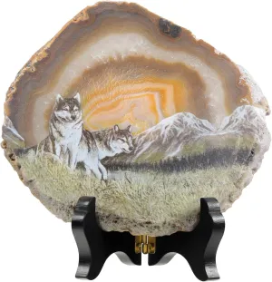 Rockcloud Wolf Agate Slab Display with Wooden Stand Irregular Shape Aagte Slice Stone Home Office Desk Ornament