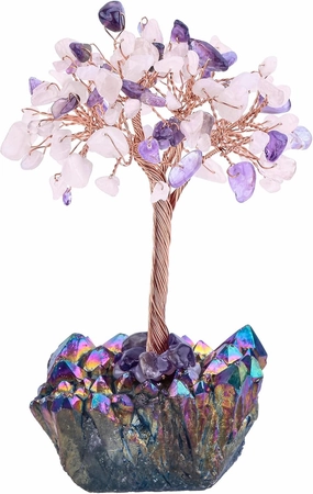 rockcloud Crystal Money Tree Feng Shui Bonsai with Titanium Coated Crystal Quartz Base Decoration for Wealth and Luck, Amethyst & Rose Quartz