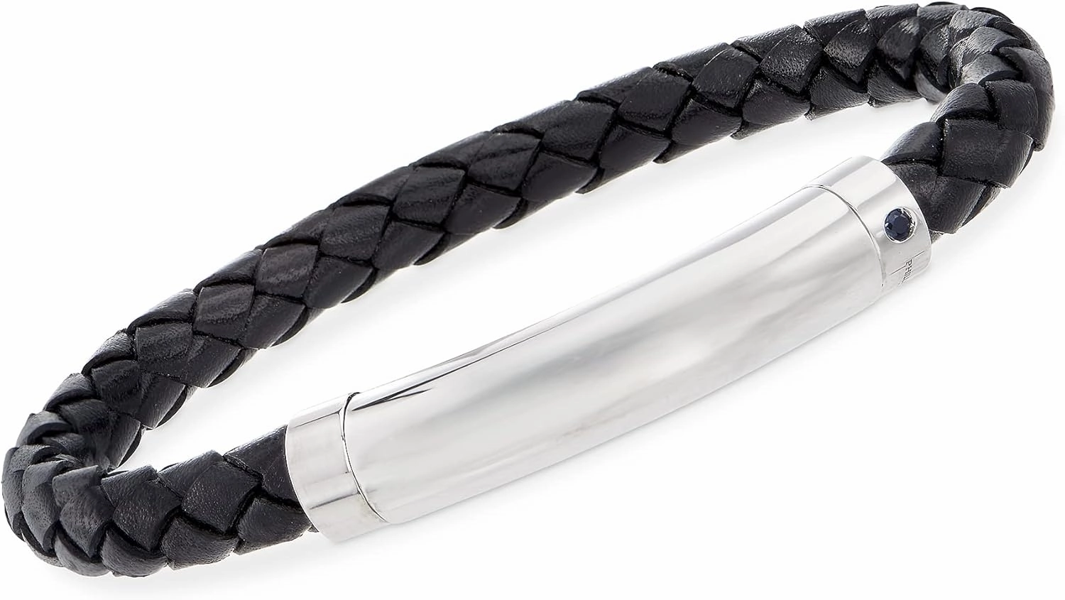 Ross-Simons Phillip Gavriel Men's Black Leather and Sterling Silver Bracelet With Single Sapphire and Magnetic Clasp. 8.25 inches