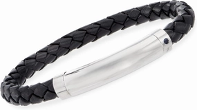 Ross-Simons Phillip Gavriel Men's Black Leather and Sterling Silver Bracelet With Single Sapphire and Magnetic Clasp. 8.25 inches