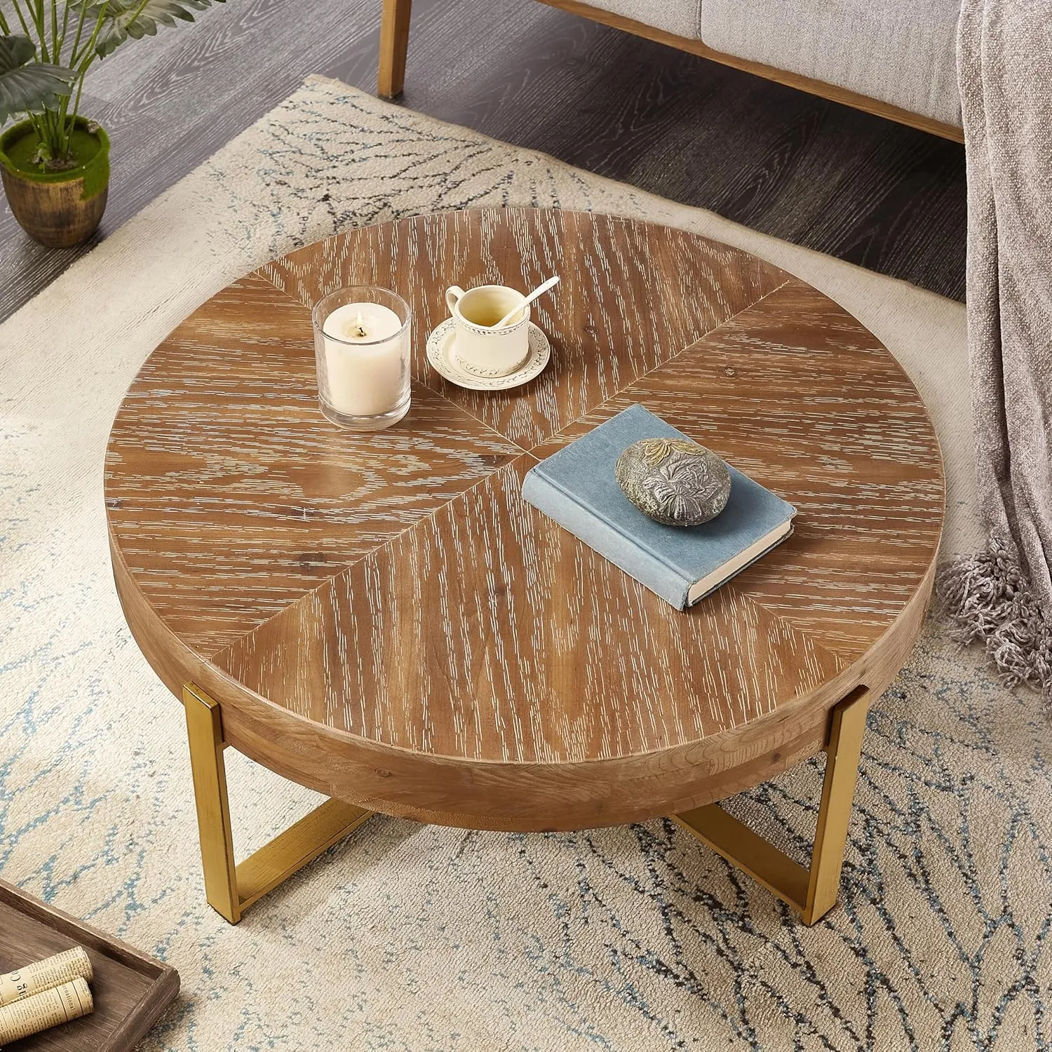 Round Wood Coffee Table for Living Room - Circle Wooden Coffee Table with Gold Metal Legs, Rustic, Vintage, Easy Assembly(Espresso,32.28" D x 32.28" W x 17.72" H)