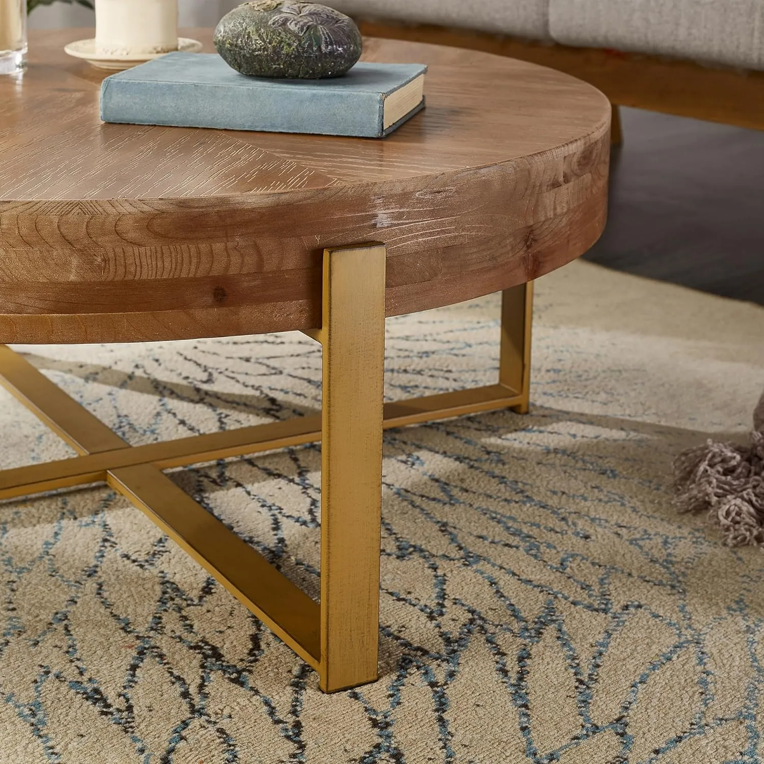 Round Wood Coffee Table for Living Room - Circle Wooden Coffee Table with Gold Metal Legs, Rustic, Vintage, Easy Assembly(Espresso,32.28" D x 32.28" W x 17.72" H)