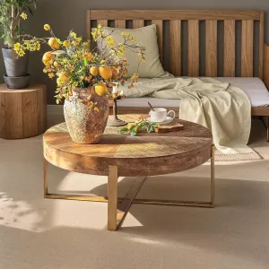 Round Wood Coffee Table for Living Room - Circle Wooden Coffee Table with Gold Metal Legs, Rustic, Vintage, Easy Assembly(Espresso,32.28" D x 32.28" W x 17.72" H)