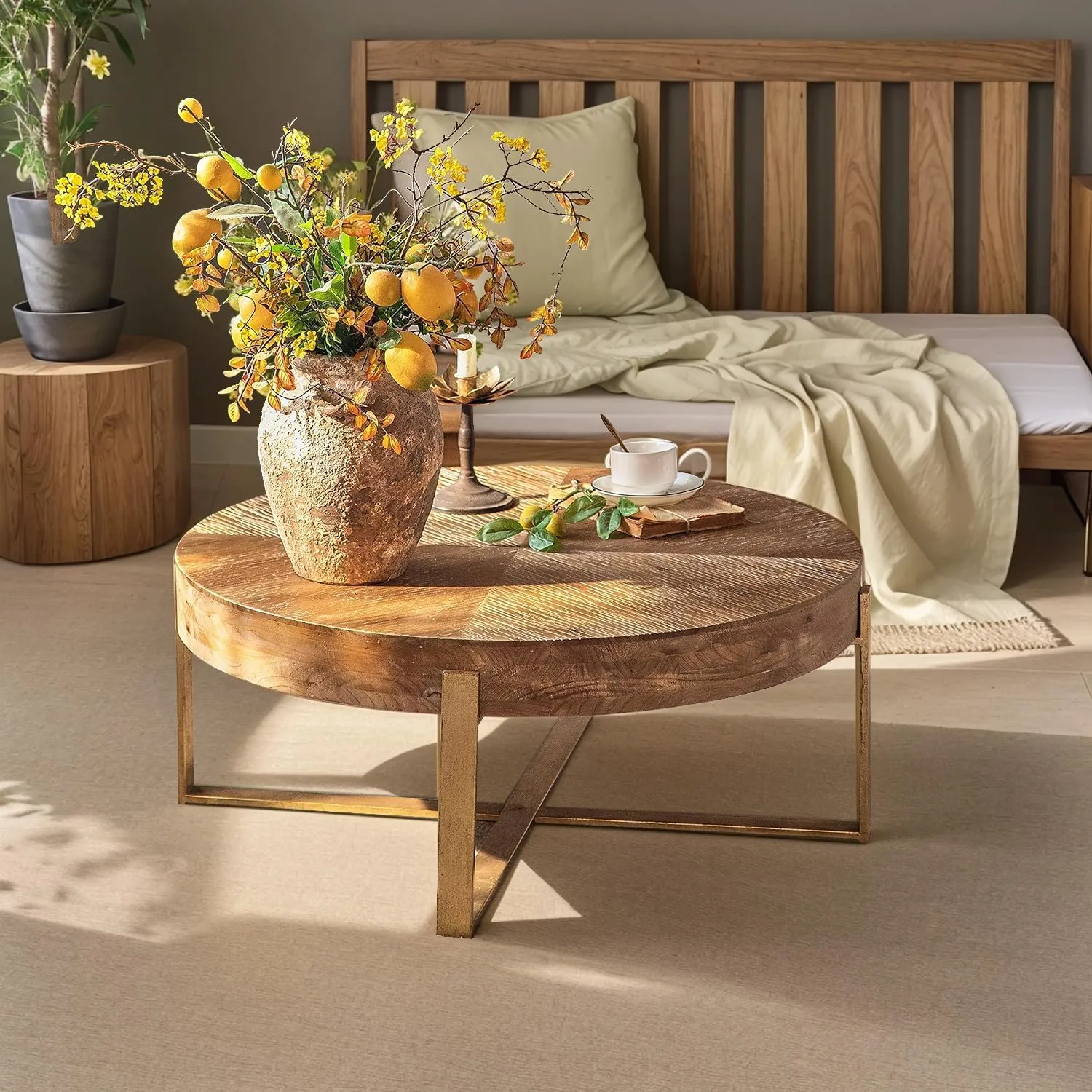 Round Wood Coffee Table for Living Room - Circle Wooden Coffee Table with Gold Metal Legs, Rustic, Vintage, Easy Assembly(Espresso,32.28" D x 32.28" W x 17.72" H)