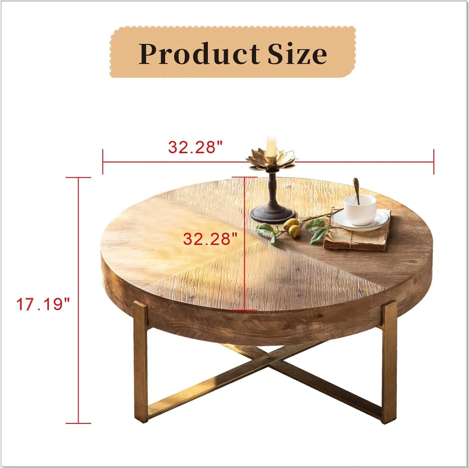 Round Wood Coffee Table for Living Room - Circle Wooden Coffee Table with Gold Metal Legs, Rustic, Vintage, Easy Assembly(Espresso,32.28" D x 32.28" W x 17.72" H)