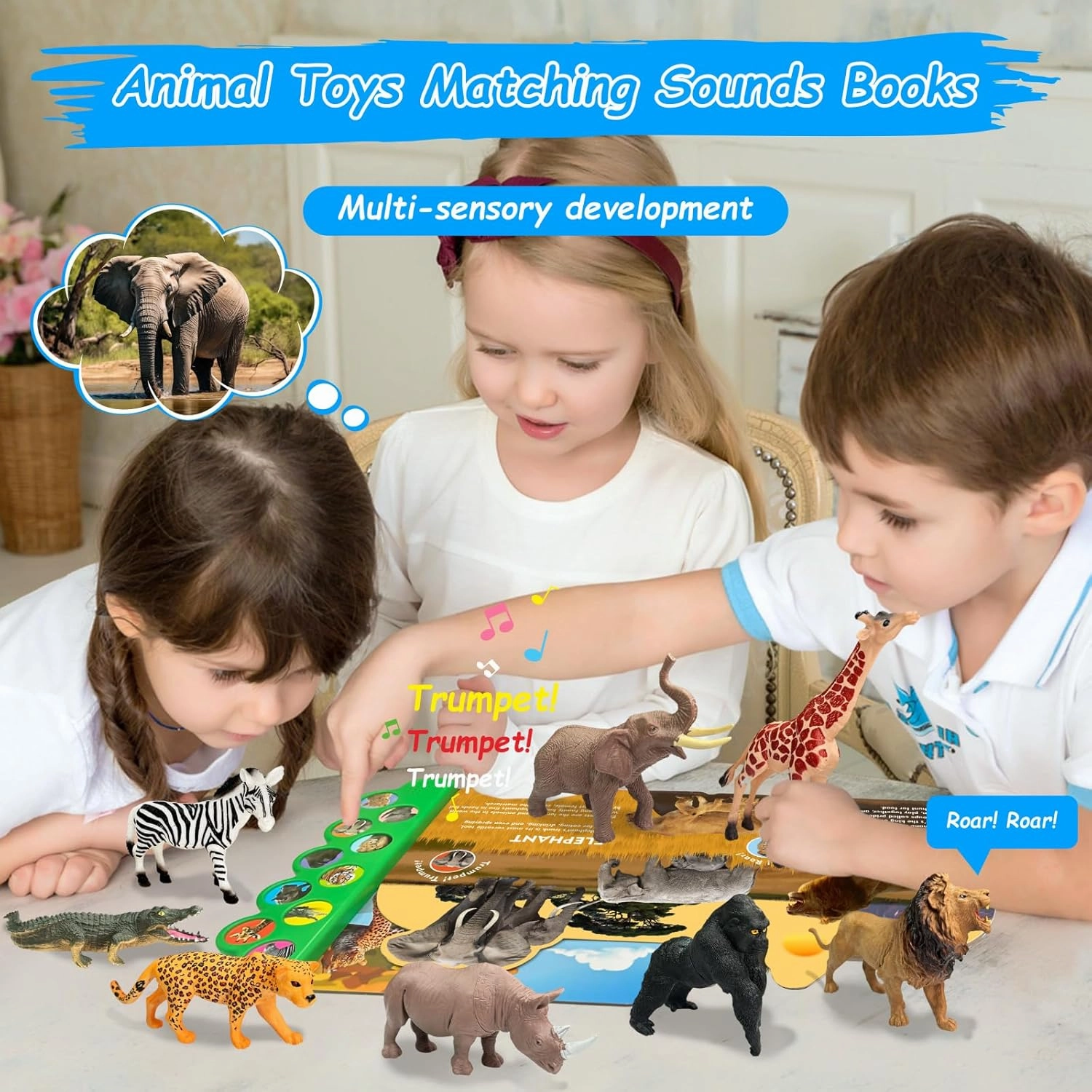 Safari Animals Figures Toys with Sound Books, 10PCS Realistic Jungle Animals Figures & Safari Animals Book with 10 Buttons, Zoo Animal Toys, Learning Toy for 3  Year Old Boys, Girls, Kids