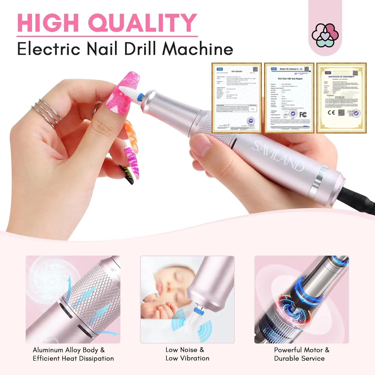 SAVILAND Professional Nail Drill: 40000 RPM PRO Electric Nail Drill Machine Nail File with Colorful Nail Bits for Manicure Pedicure Acrylic Removal Polishing Tools Kit for Salon Home Use