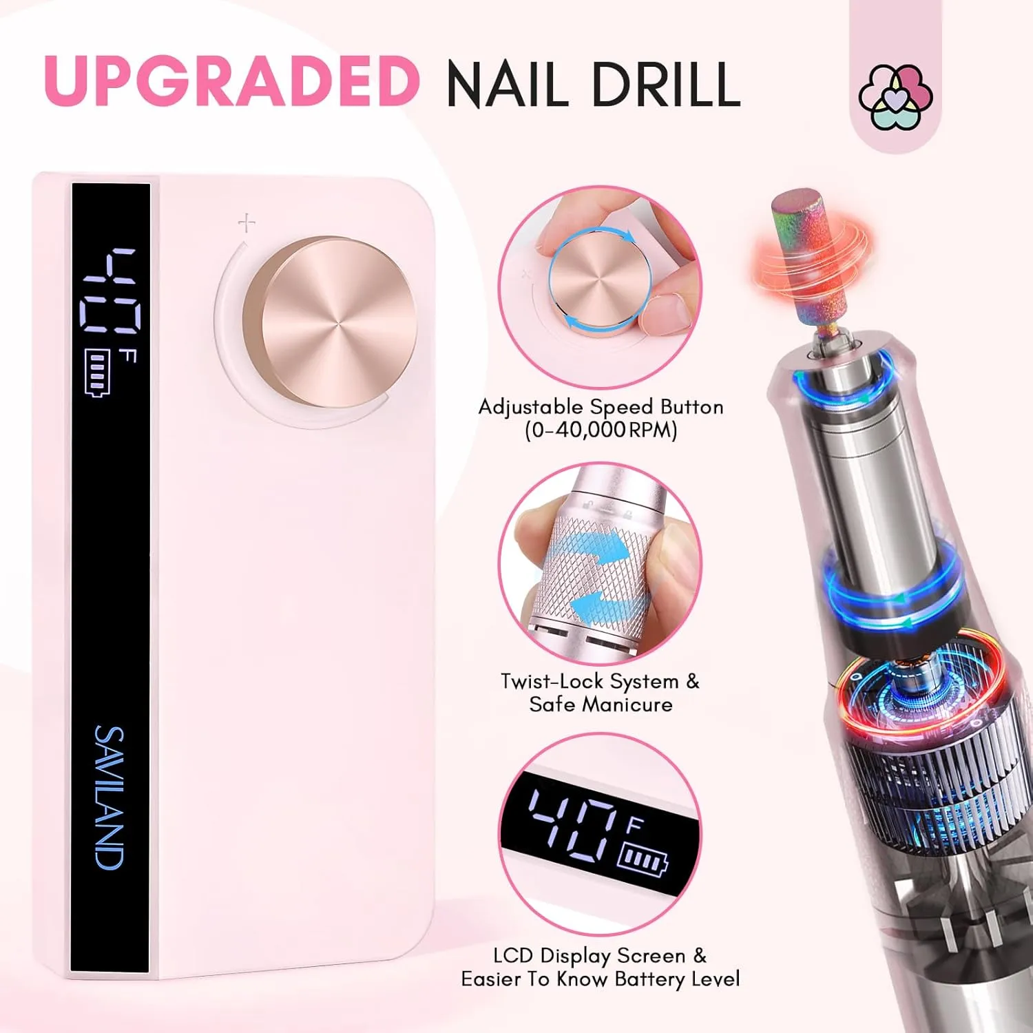 SAVILAND Professional Nail Drill: 40000 RPM PRO Electric Nail Drill Machine Nail File with Colorful Nail Bits for Manicure Pedicure Acrylic Removal Polishing Tools Kit for Salon Home Use
