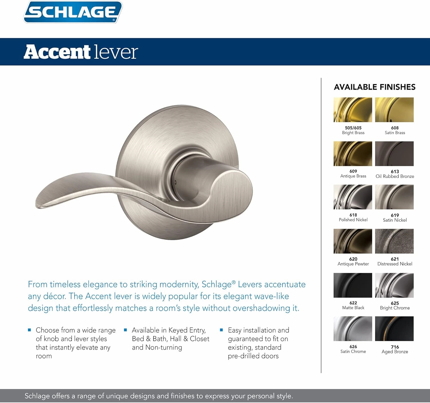Schlage F10 V ACC 619 Accent Door Lever Hall & Closet Passage Lock, (Pack of 1), Satin Nickel