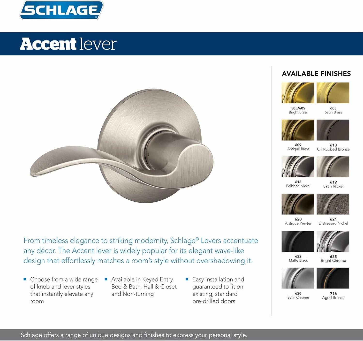 Schlage F40 V ACC 619 Accent Door Lever, Bed & Bath Privacy Lock, Satin Nickel, 5.5"L x 2.25"W