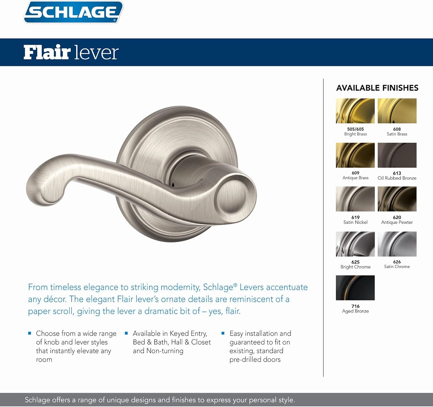 Schlage F40 V FLA 605 Flair Door Lever, Bed & Bath Privacy Lock, Bright Brass