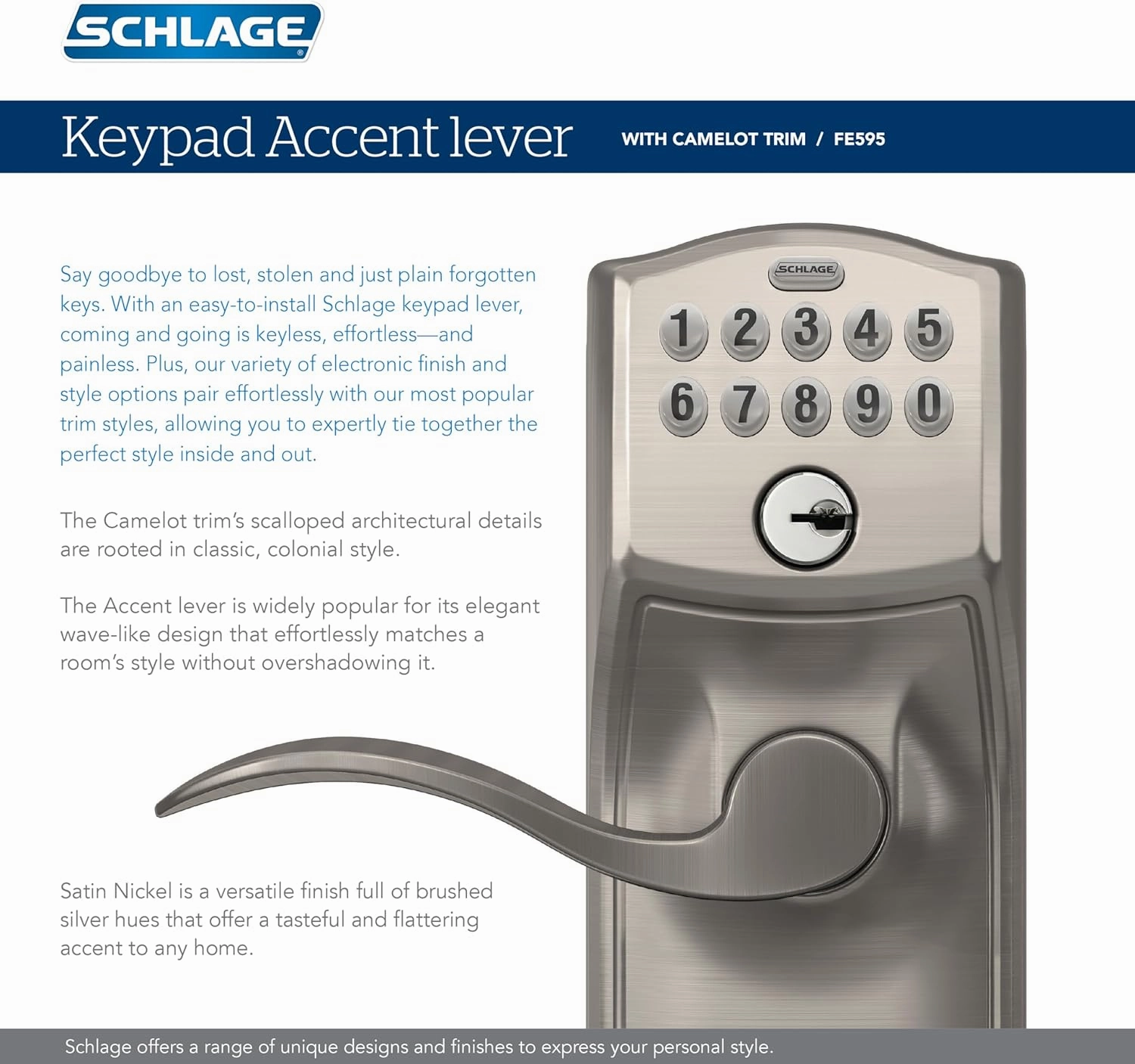 SCHLAGE FE595 CAM 716 ACC Camelot Keypad Entry with Flex-Lock and Accent Levers, Aged Bronze