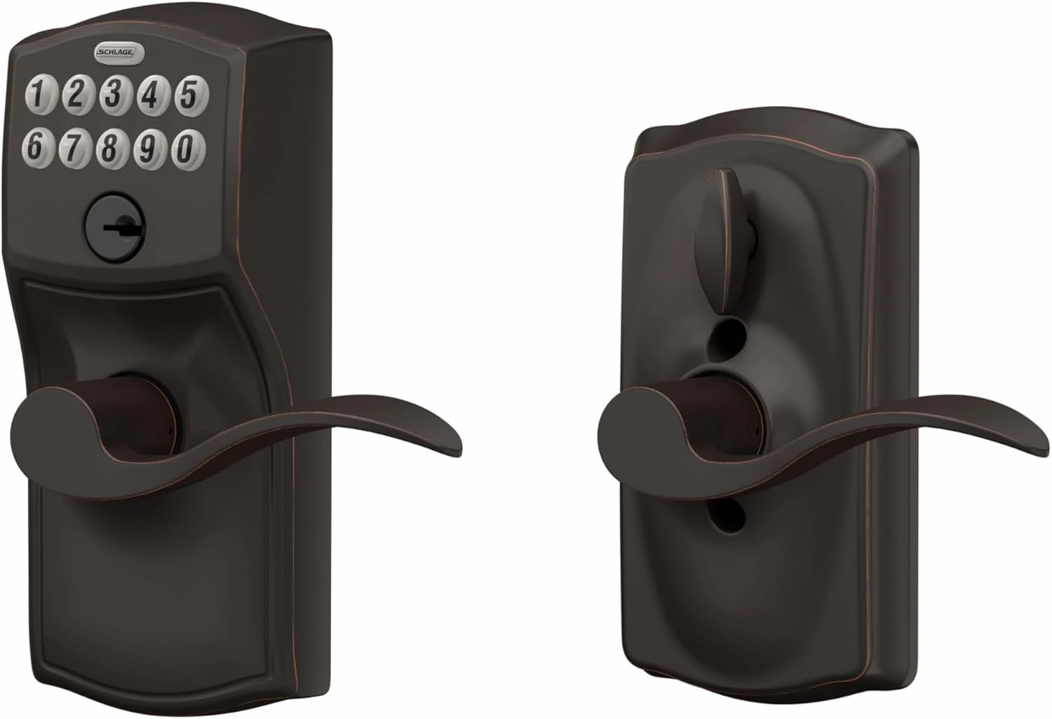 SCHLAGE FE595 CAM 716 ACC Camelot Keypad Entry with Flex-Lock and Accent Levers, Aged Bronze