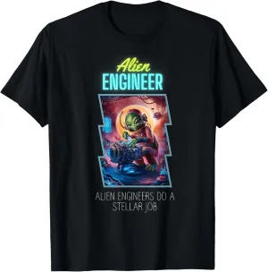 Sci-Fi Alien Engineer Technician in Futuristic Workshop T-Shirt
