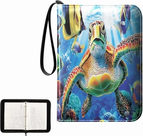 Sea Turtle Colorful Fish Ocean Pattern Card Binder 4 Pocket, Trading Card Holder Fits 400 Game Cards with 50 Removable Sleeves, MTG Card Case Standard Size