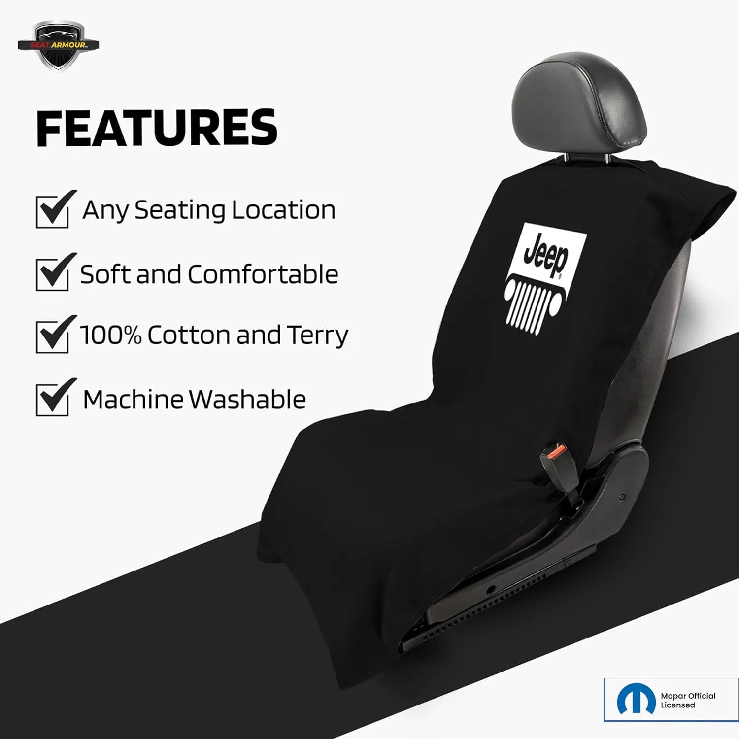 Seat Armour Seat Protector Towel Jeep with Grille - Soft Machine Washable Jeep Seat Cover Towel - Easy to Install, Multipurpose Jeep Seat Towel - Black