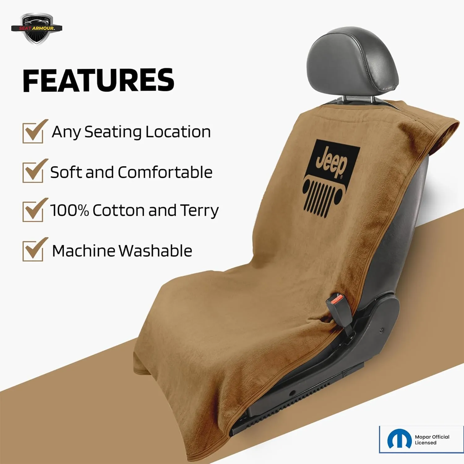 Seat Armour Seat Protector Towel 'Jeep with Grille' - Soft Machine Washable Jeep Seat Cover Towel - Easy to Install, Multipurpose Jeep Seat Towel - Tan