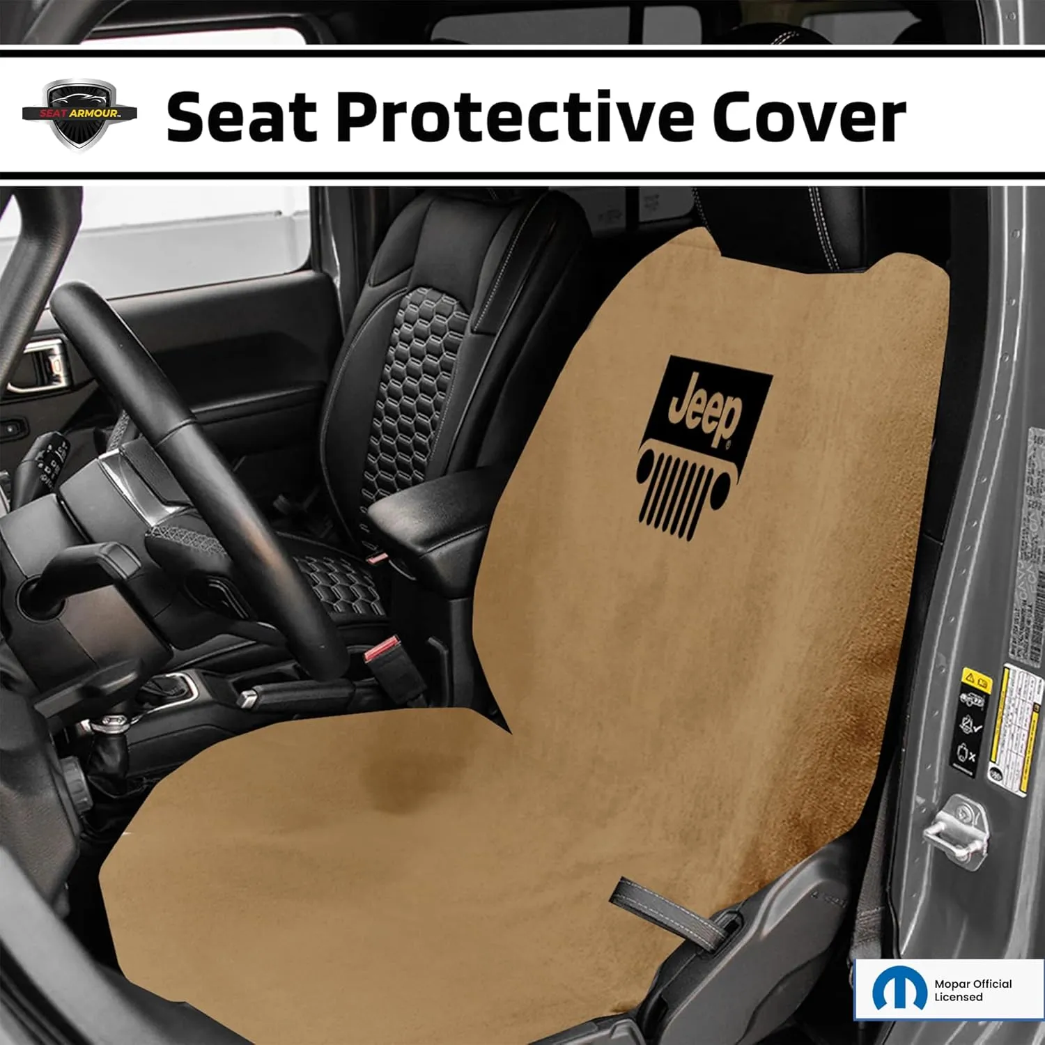 Seat Armour Seat Protector Towel 'Jeep with Grille' - Soft Machine Washable Jeep Seat Cover Towel - Easy to Install, Multipurpose Jeep Seat Towel - Tan