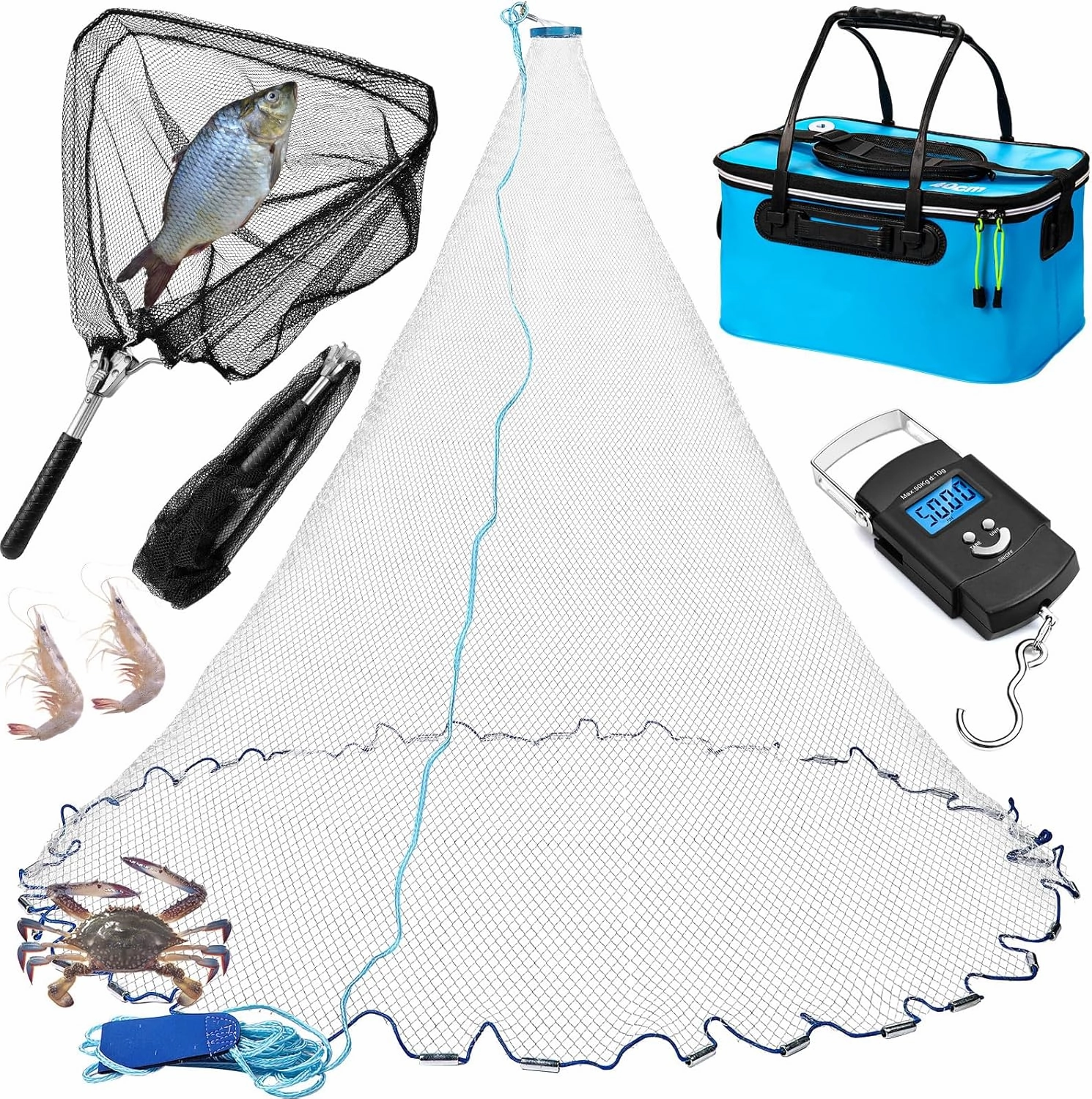 Set of 4 Saltwater Fishing Cast Net, Foldable Fish Bucket, Folding Fishing Landing Net, and 110lb Digital Scale, 6 Gallon Live Fish Bait Bucket