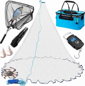 Set of 4 Saltwater Fishing Cast Net, Foldable Fish Bucket, Folding Fishing Landing Net, and 110lb Digital Scale, 6 Gallon Live Fish Bait Bucket