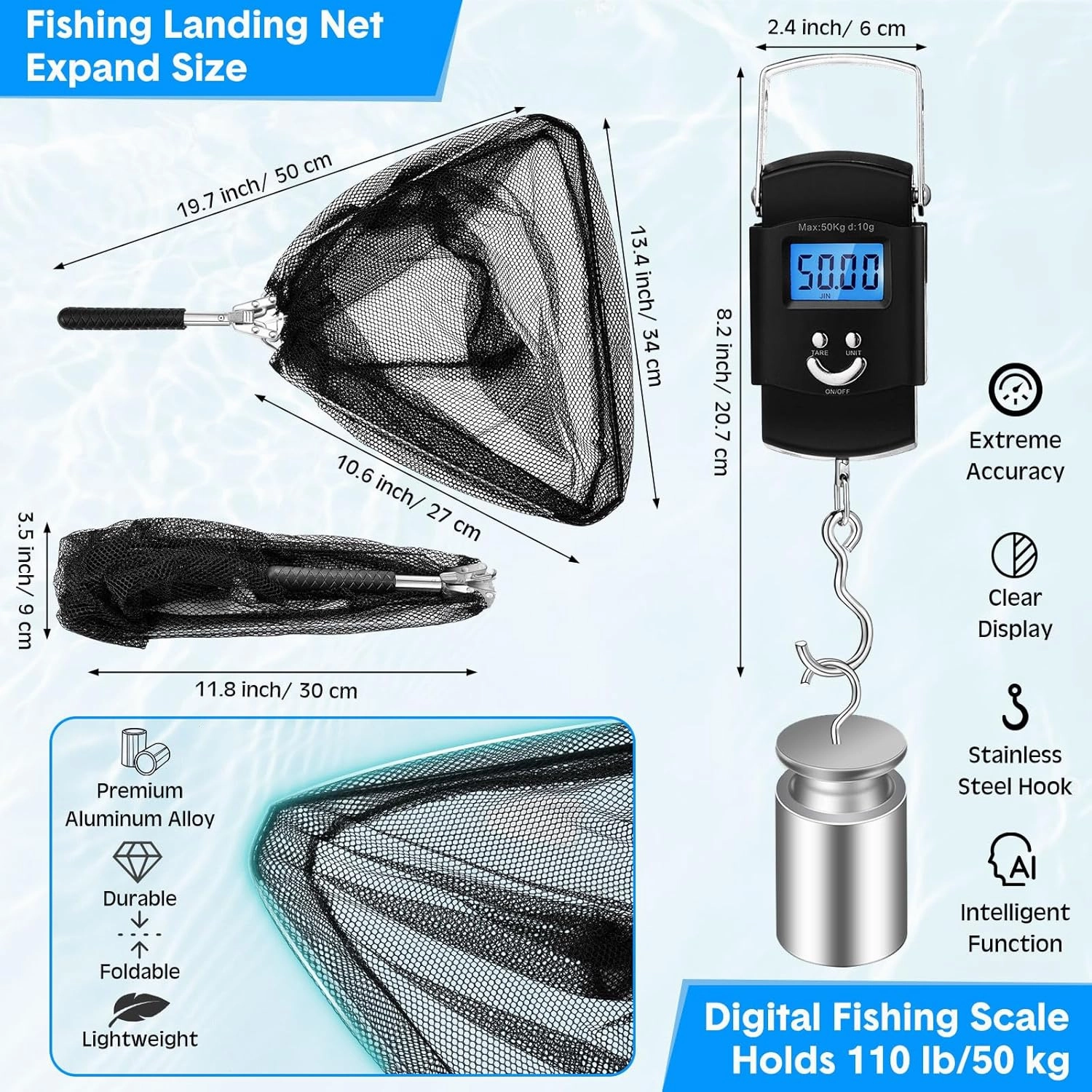 Set of 4 Saltwater Fishing Cast Net, Foldable Fish Bucket, Folding Fishing Landing Net, and 110lb Digital Scale, 6 Gallon Live Fish Bait Bucket