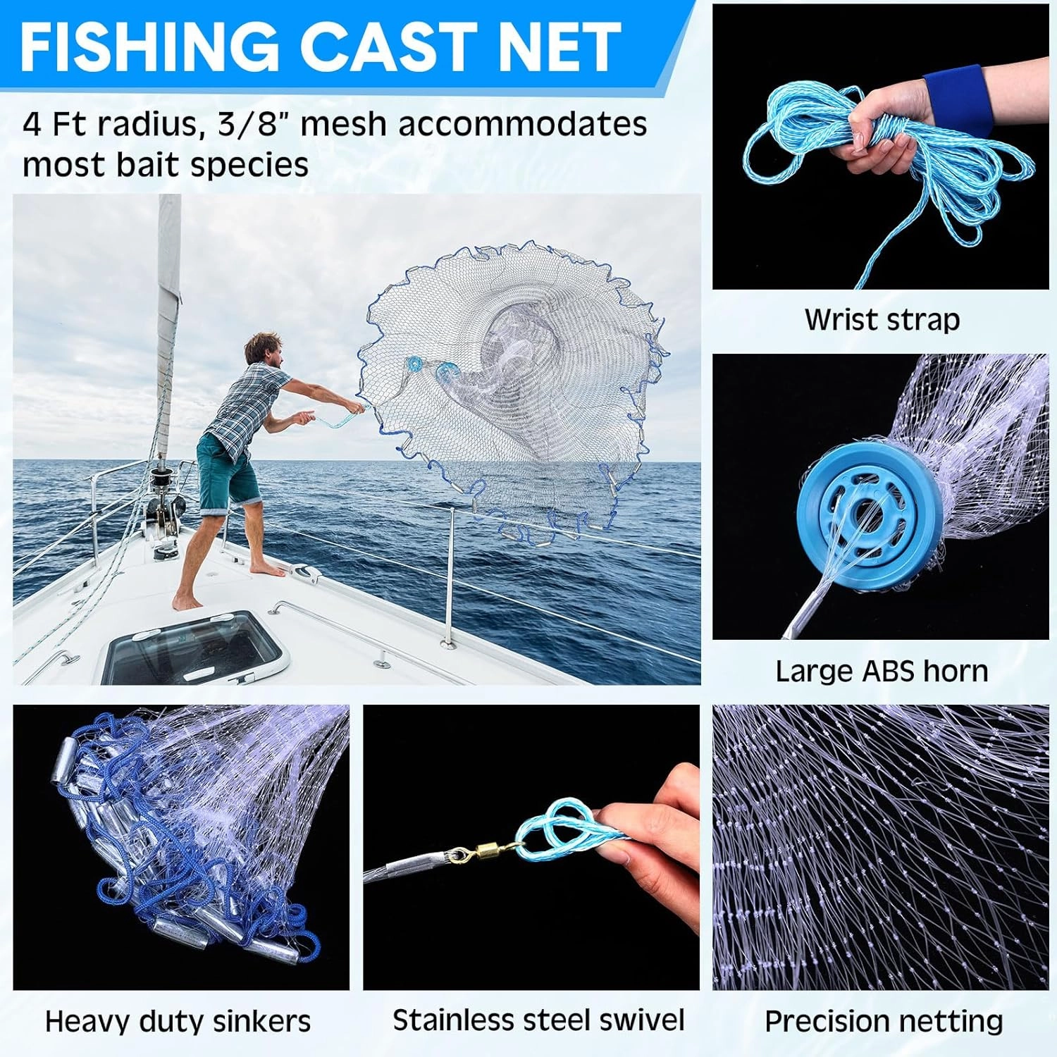 Set of 4 Saltwater Fishing Cast Net, Foldable Fish Bucket, Folding Fishing Landing Net, and 110lb Digital Scale, 6 Gallon Live Fish Bait Bucket