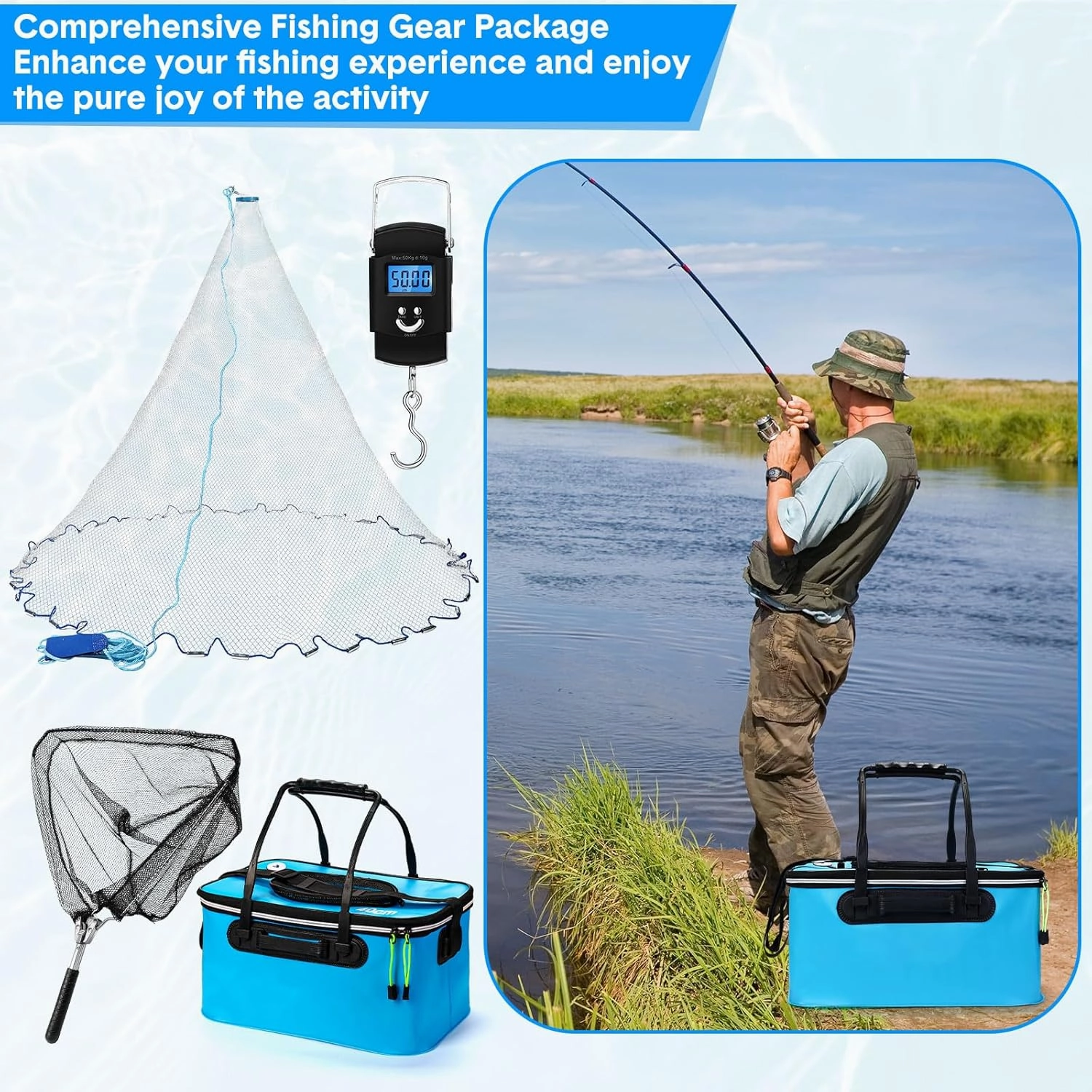 Set of 4 Saltwater Fishing Cast Net, Foldable Fish Bucket, Folding Fishing Landing Net, and 110lb Digital Scale, 6 Gallon Live Fish Bait Bucket