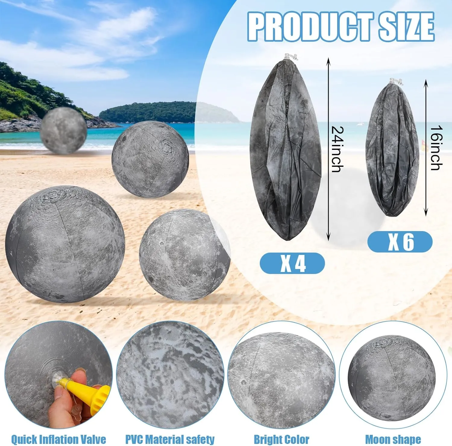 Shappy 6 Packs Moon Inflatable PVC Ball Bulk - Gray Moon Shape Science Teaching Aids Planet Beach Ball for Kid Birthday Party Classroom Planetarium (16 Inch,24 Inch)