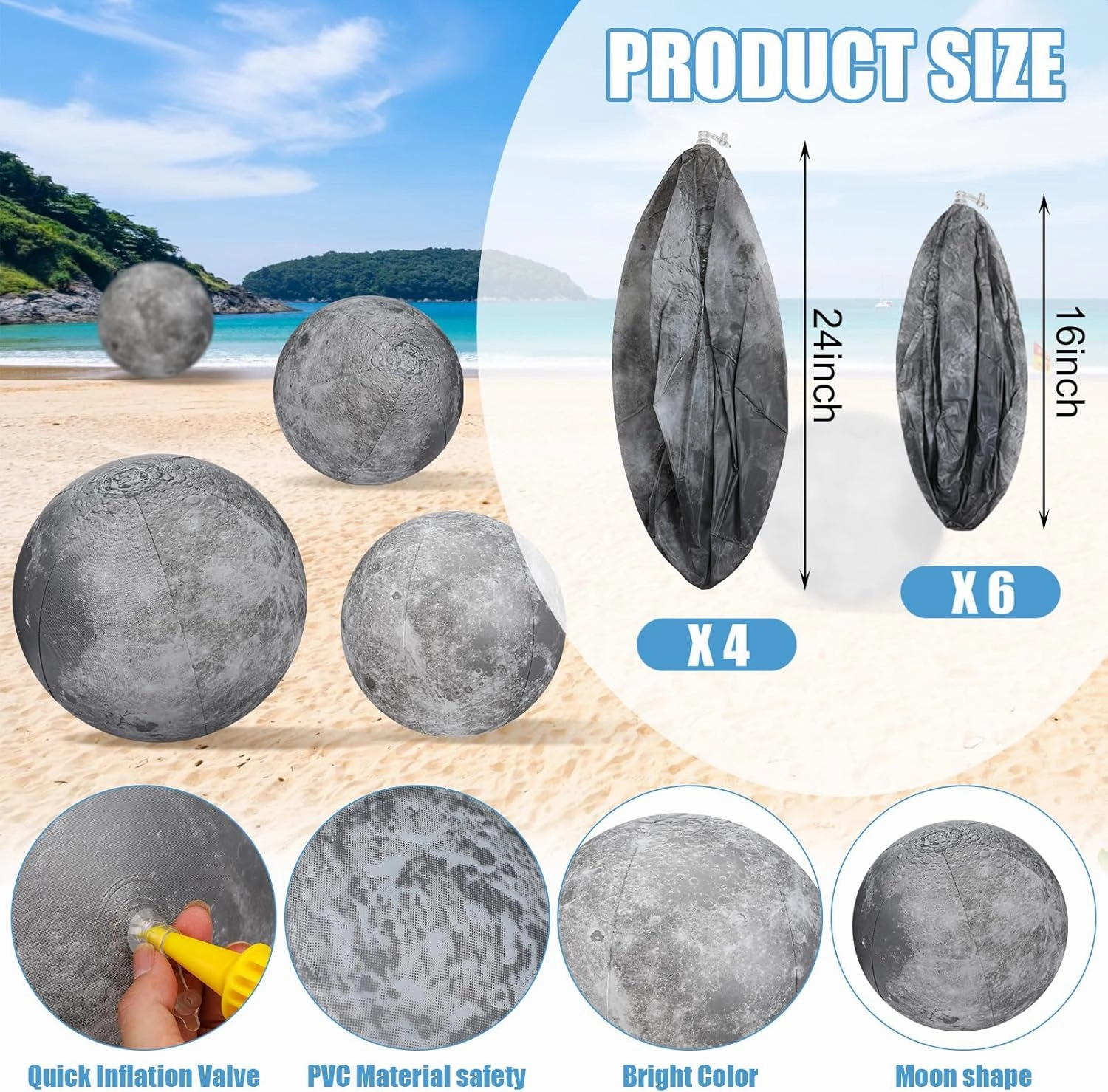 Shappy 12 Packs Moon Inflatable PVC Ball Bulk - Gray Moon Shape Science Teaching Aids Planet Beach Ball for Kid Birthday Party Classroom Planetarium (16 Inch,24 Inch)