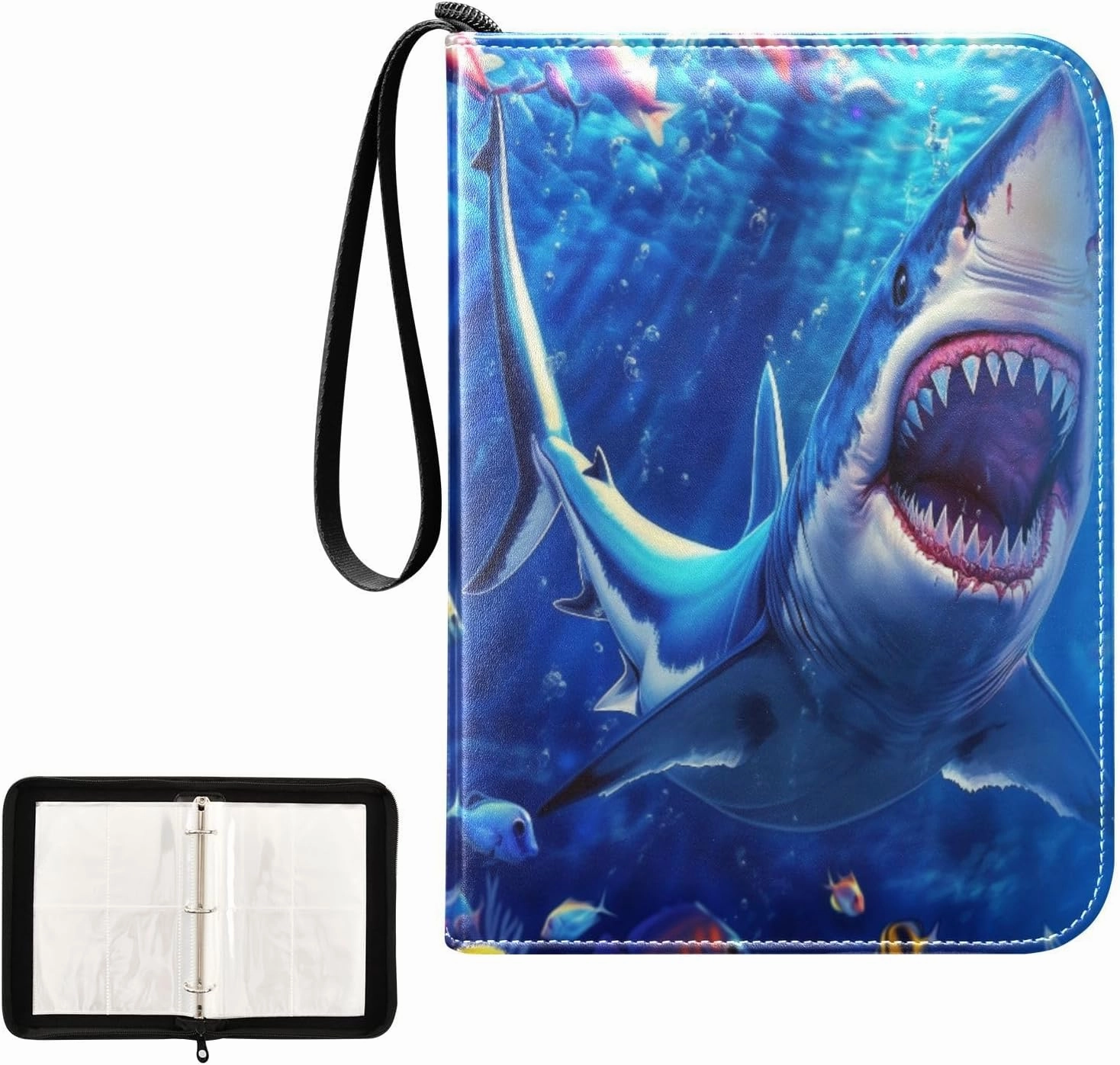 Shark Fish Deep Blue Ocean Card Binder 4 Pocket, Trading Card Holder Fits 400 Game Cards with 50 Removable Sleeves, MTG Card Case Standard Size
