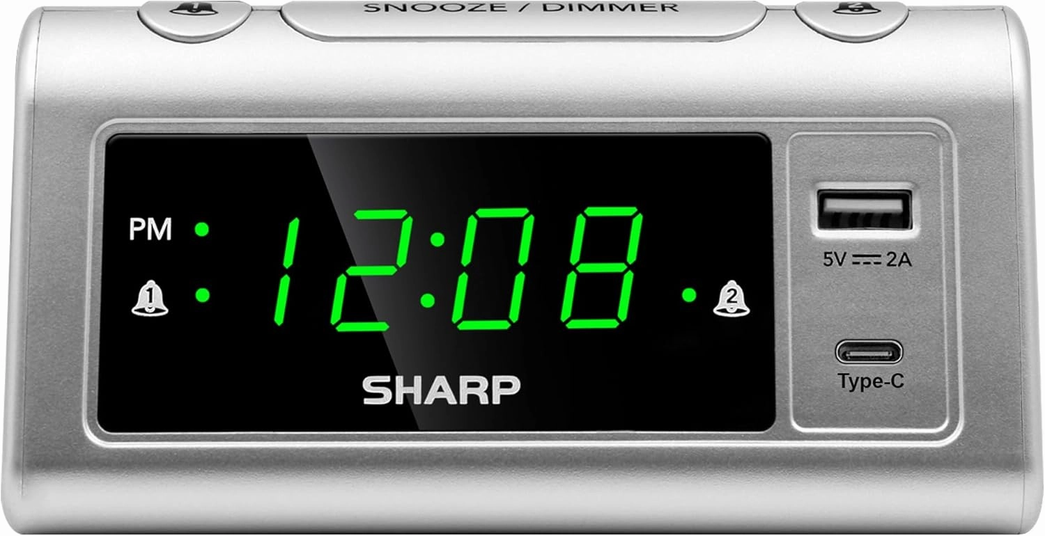 SHARP Alarm Clock for Bedrooms, Super Fast USB-C Charging and Fast 2 Amp USB Charging, 2 Alarms, 3-Step Dimmer, Snooze, Easy to Set Controls, Silver with Green LED Display