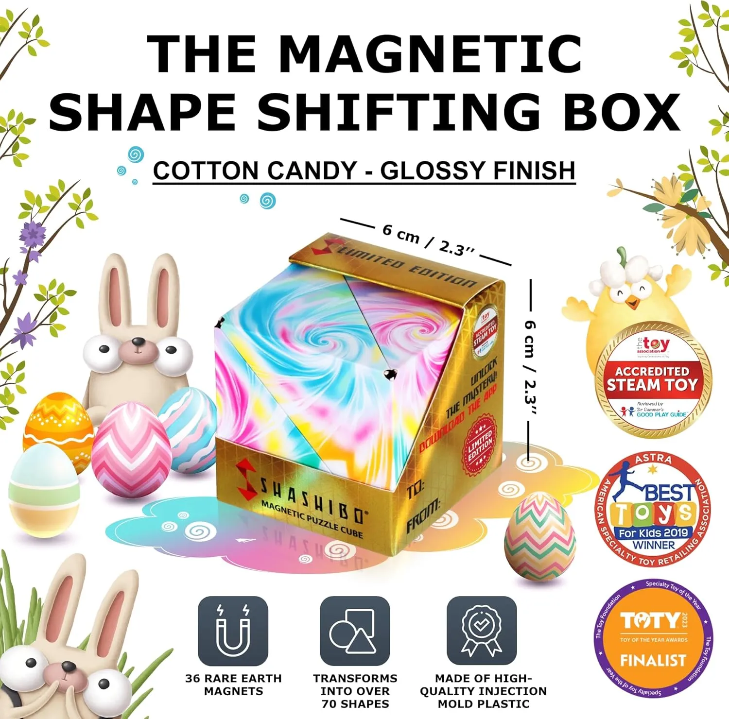 SHASHIBO Easter Limited Edition Shape Shifting Box - STEM Magnetic Fidget Cube That Transforms Into Over 70 Shapes, Download Fun in Motion Toys Mobile App (Cotton Candy)