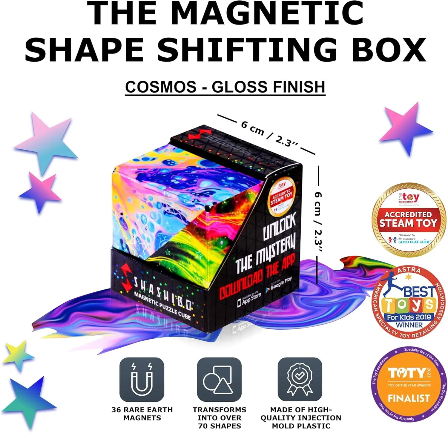 SHASHIBO Holographic Shape Shifting Box - STEM Magnetic Fidget Cube That Transforms Into Over 70 Shapes, Download Fun in Motion Toys Mobile App (Cosmos)
