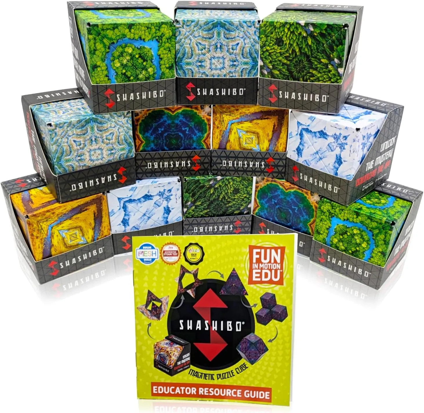 SHASHIBO Shape Shifting Box - STEM Magnetic Fidget Cube That Transforms Into Over 70 Shapes - 12 Assorted Cubes Education Bundle - by Fun in Motion Toys