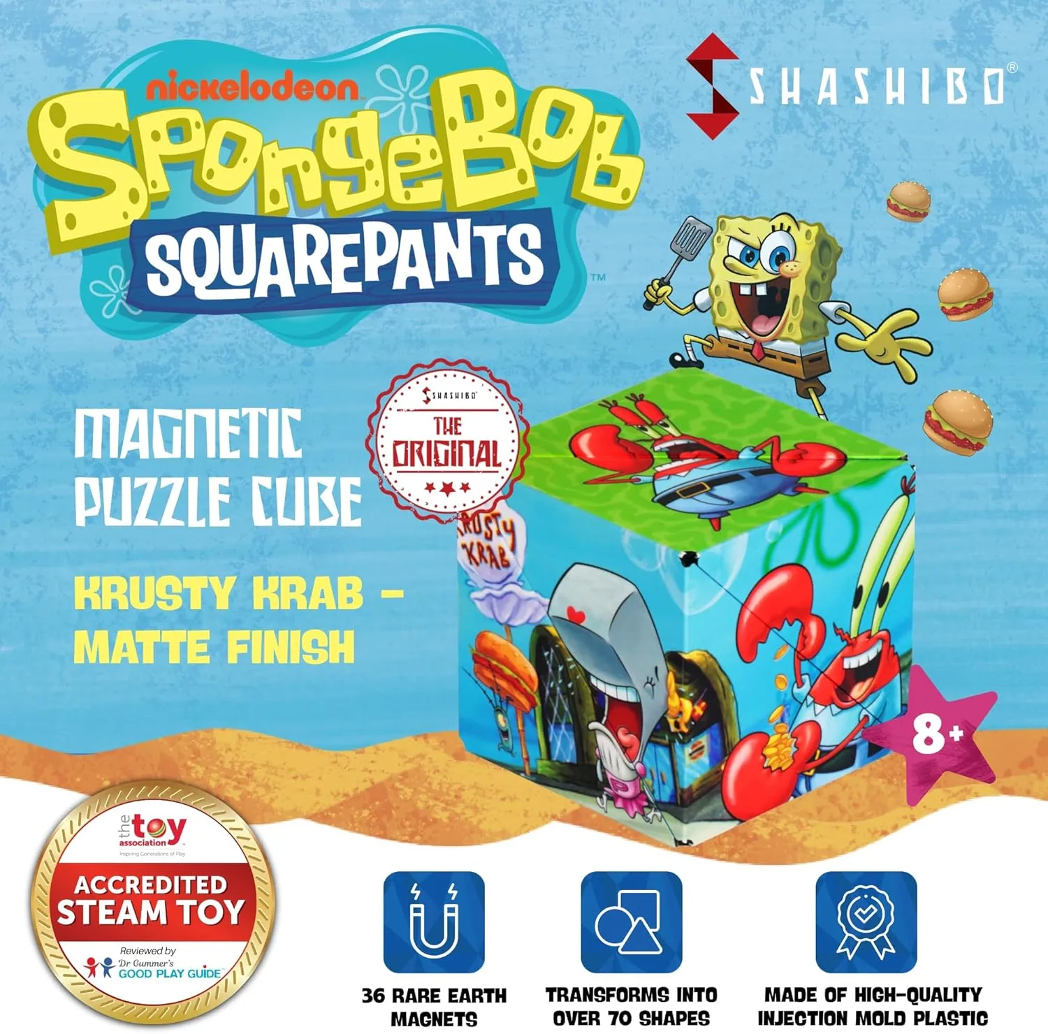SHASHIBO Spongebob Squarepants Shape Shifting Box - STEM Magnetic Fidget Cube That Transforms Into Over 70 Shapes, Download Fun in Motion Toys Mobile App (Krusty Krab)