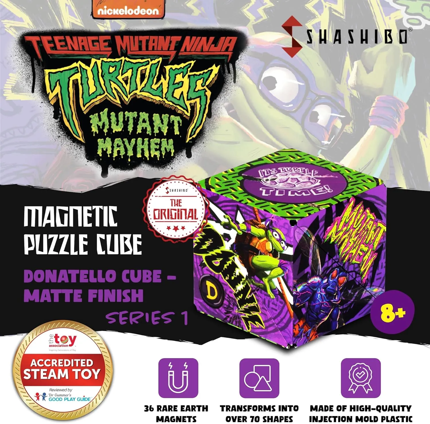 SHASHIBO Teenage Mutant Ninja Turtles Shape Shifting Box - STEM Magnetic Fidget Cube That Transforms Into Over 70 Shapes, Download Fun in Motion Toys Mobile App (Donnie)