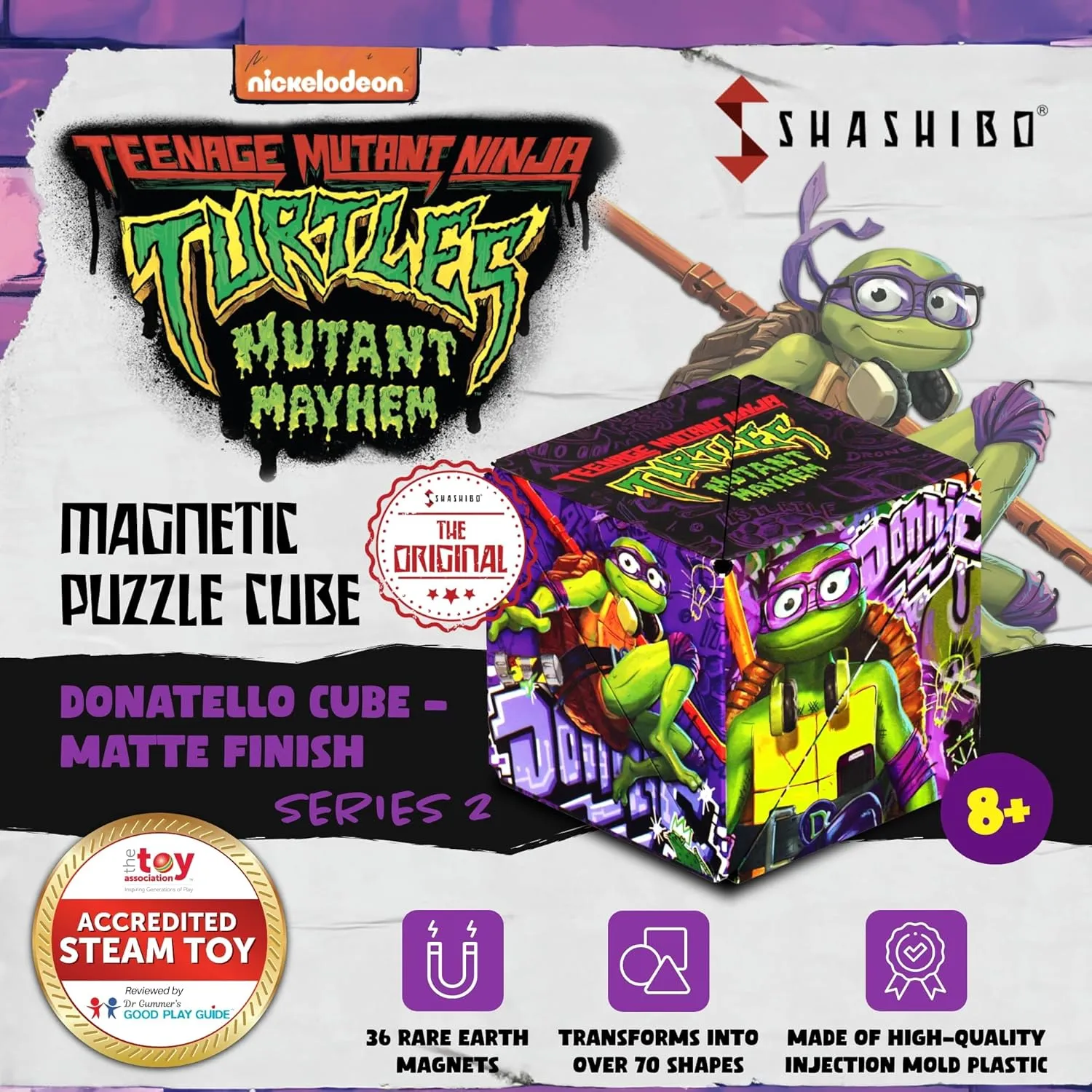 SHASHIBO Teenage Mutant Ninja Turtles Shape Shifting Box - STEM Magnetic Fidget Cube That Transforms Into Over 70 Shapes, Download Fun in Motion Toys Mobile App (Donnie)