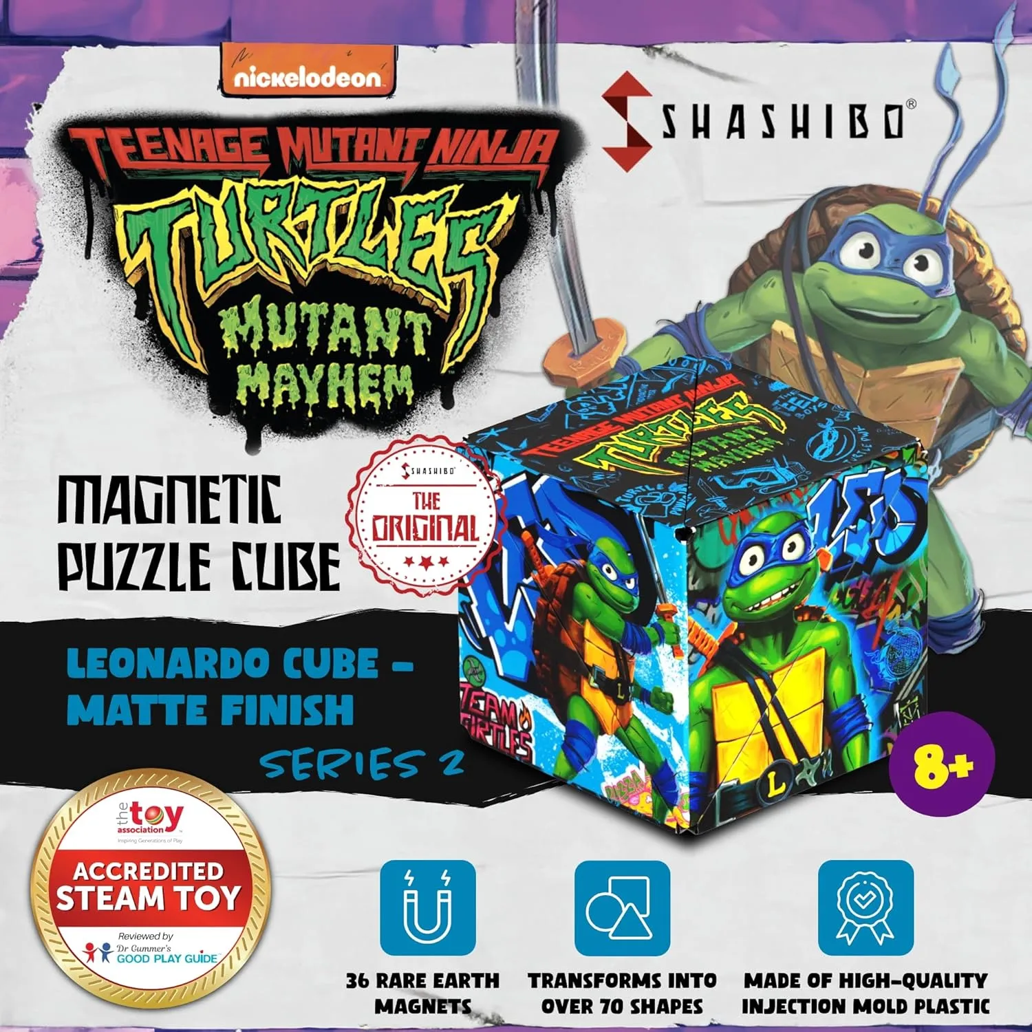 SHASHIBO Teenage Mutant Ninja Turtles Shape Shifting Box - STEM Magnetic Fidget Cube That Transforms Into Over 70 Shapes, Download Fun in Motion Toys Mobile App (Leo)